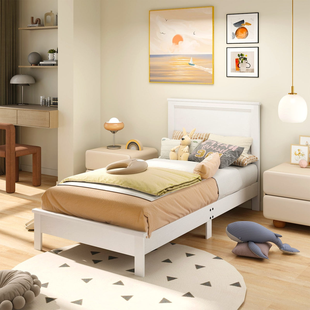 Twin Size Wooden Bed Frame with Headboard and Slat Support-White-Simple Bed Frame-DECOROLALA