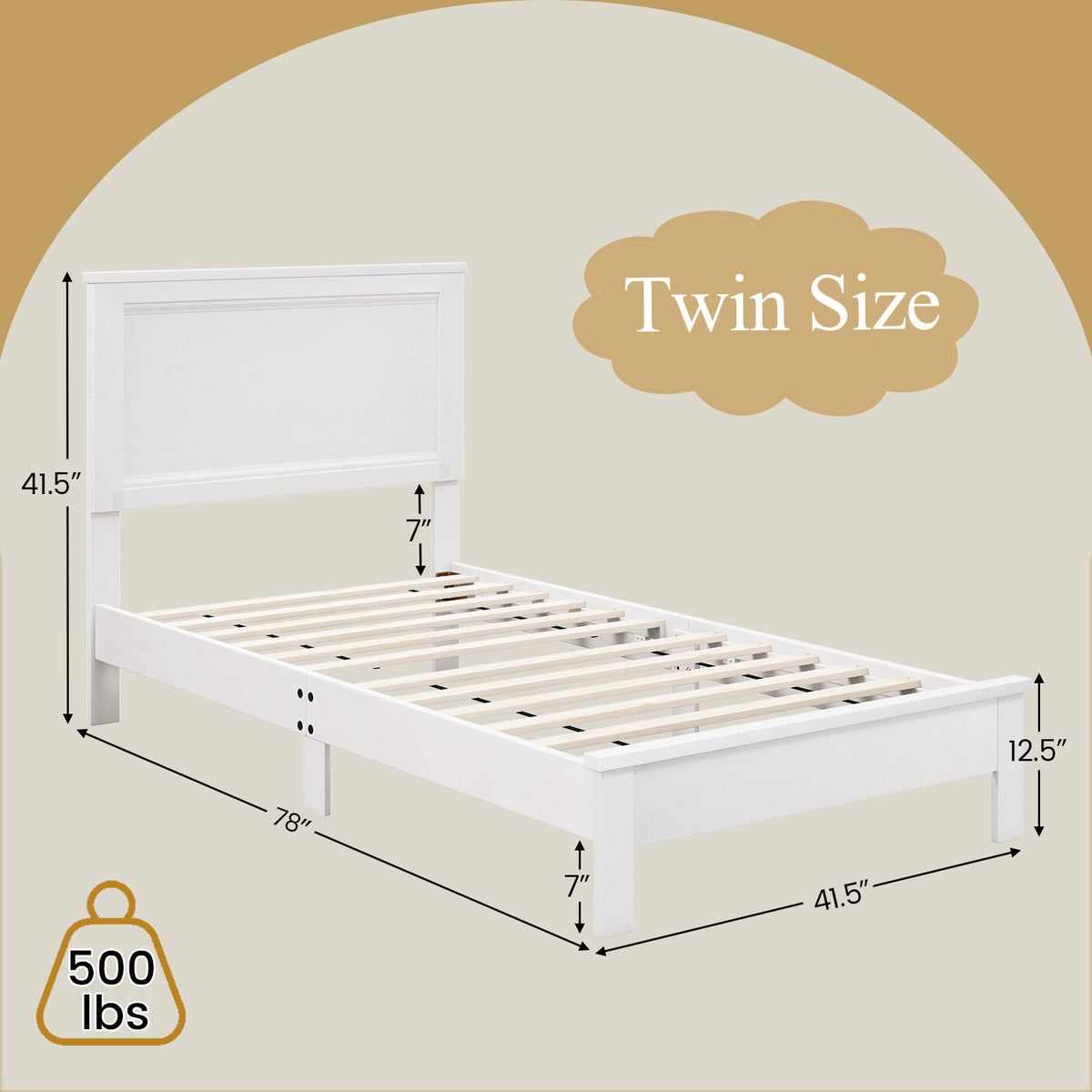 Twin Size Wooden Bed Frame with Headboard and Slat Support-White-Simple Bed Frame-DECOROLALA