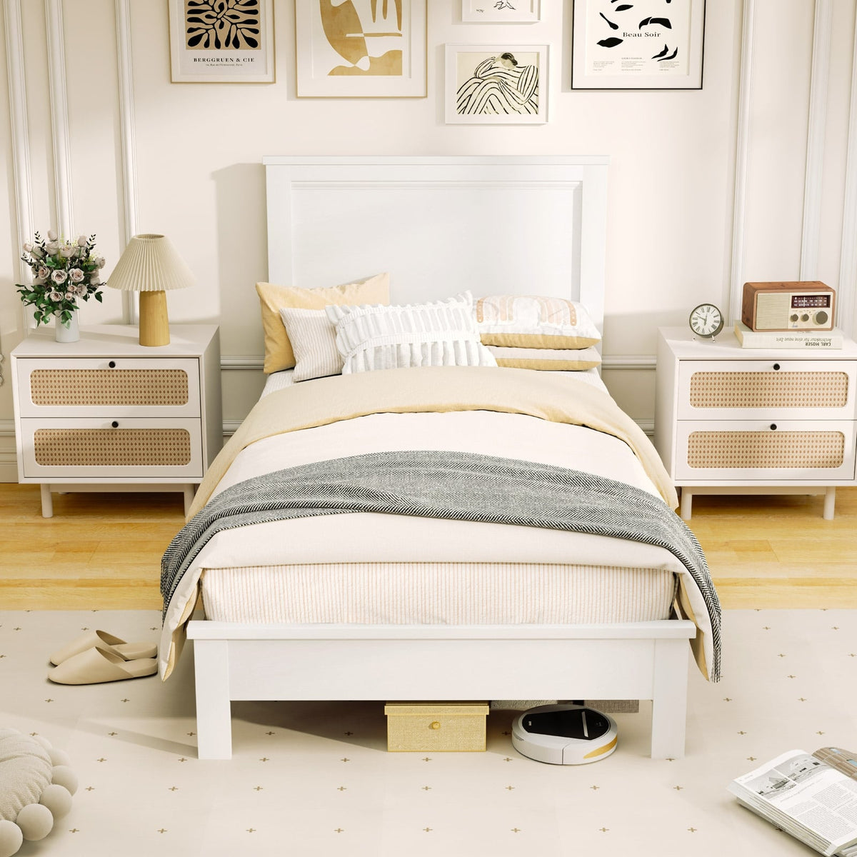 Twin Size Wooden Bed Frame with Headboard and Slat Support-White-Simple Bed Frame-DECOROLALA