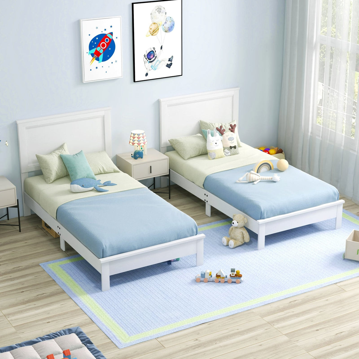 Twin Size Wooden Bed Frame with Headboard and Slat Support-White-Simple Bed Frame-DECOROLALA