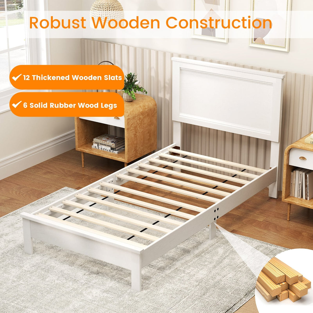 Twin Size Wooden Bed Frame with Headboard and Slat Support-White-Simple Bed Frame-DECOROLALA