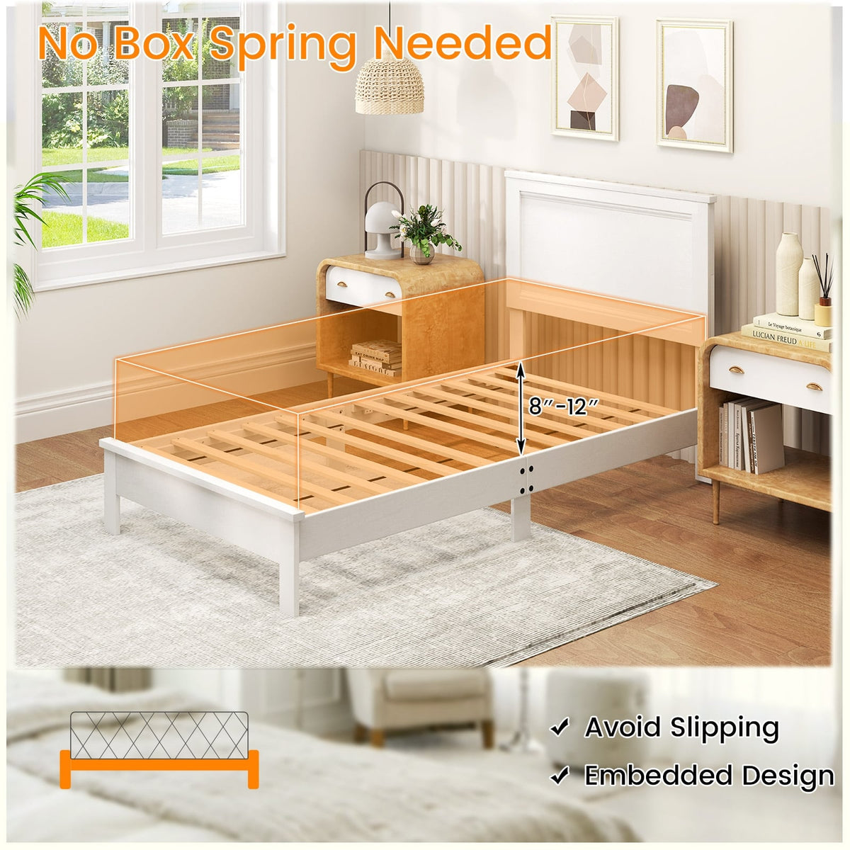 Twin Size Wooden Bed Frame with Headboard and Slat Support-White-Simple Bed Frame-DECOROLALA