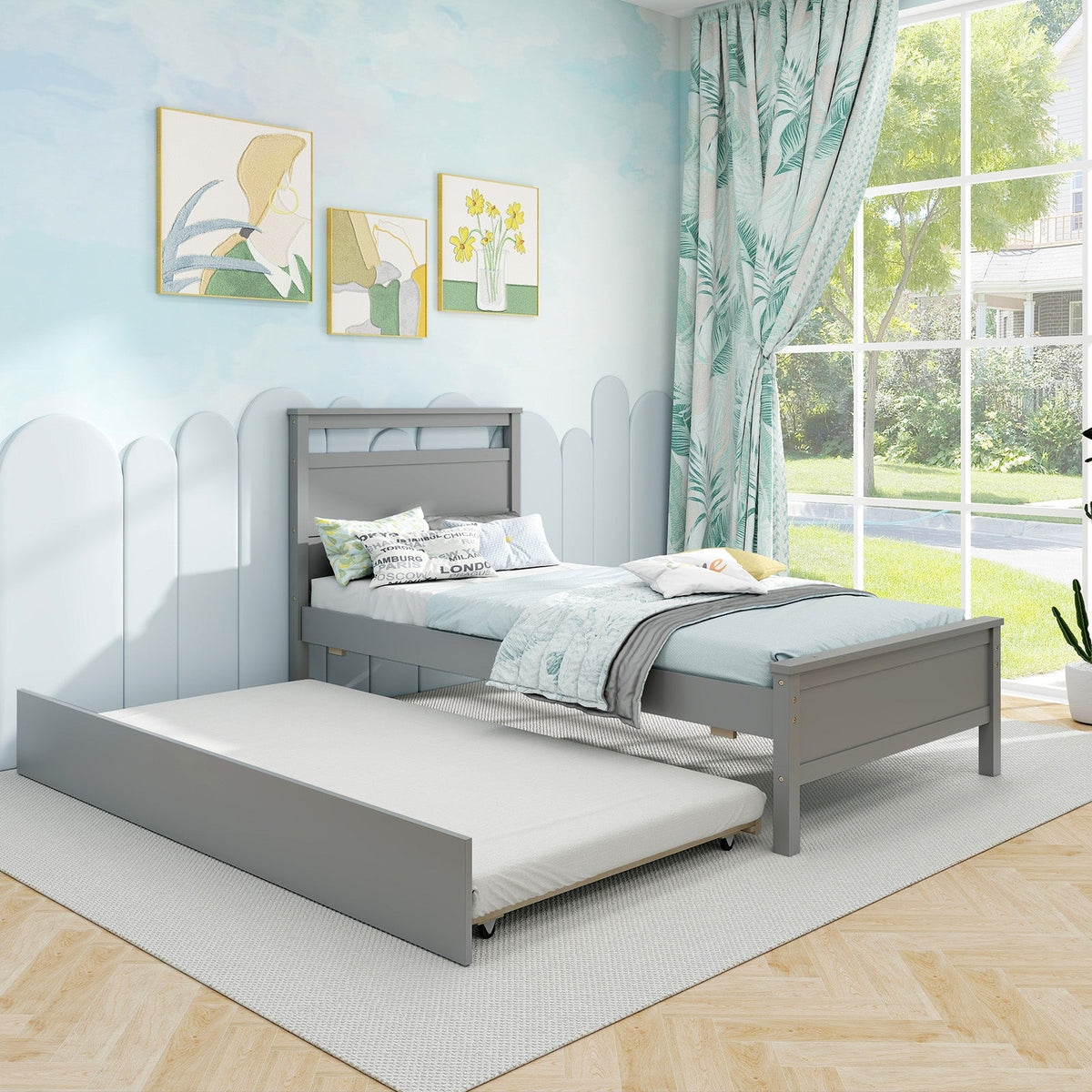 Twin Size Wooden Bed Frame with Trundle for Teens and Adults-Trundle Bed Frame-DECOROLALA