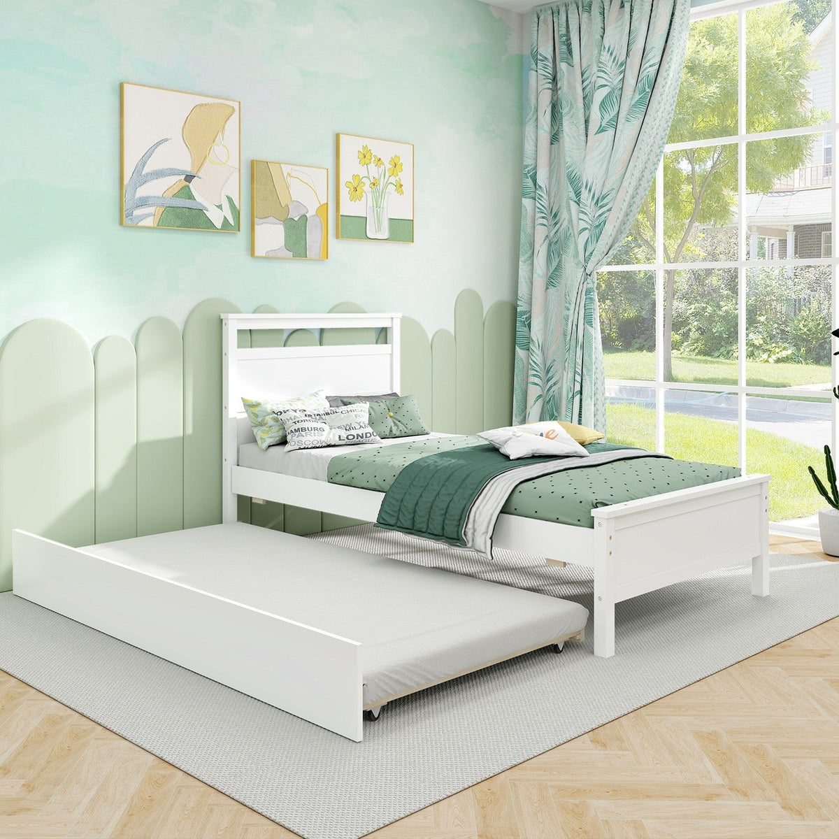 Twin Size Wooden Bed Frame with Trundle for Teens and Adults-Trundle Bed Frame-DECOROLALA