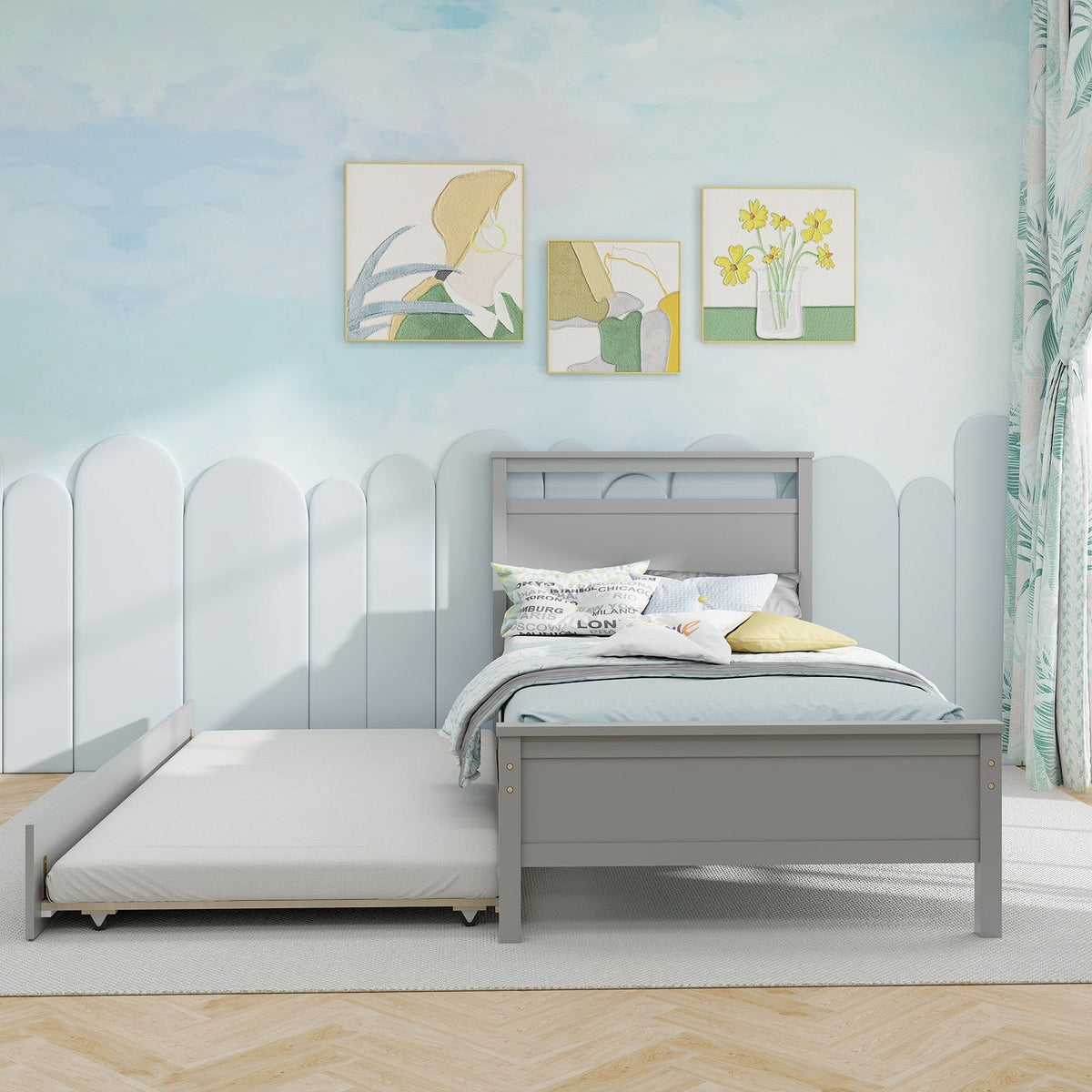 Twin Size Wooden Bed Frame with Trundle for Teens and Adults-Trundle Bed Frame-DECOROLALA