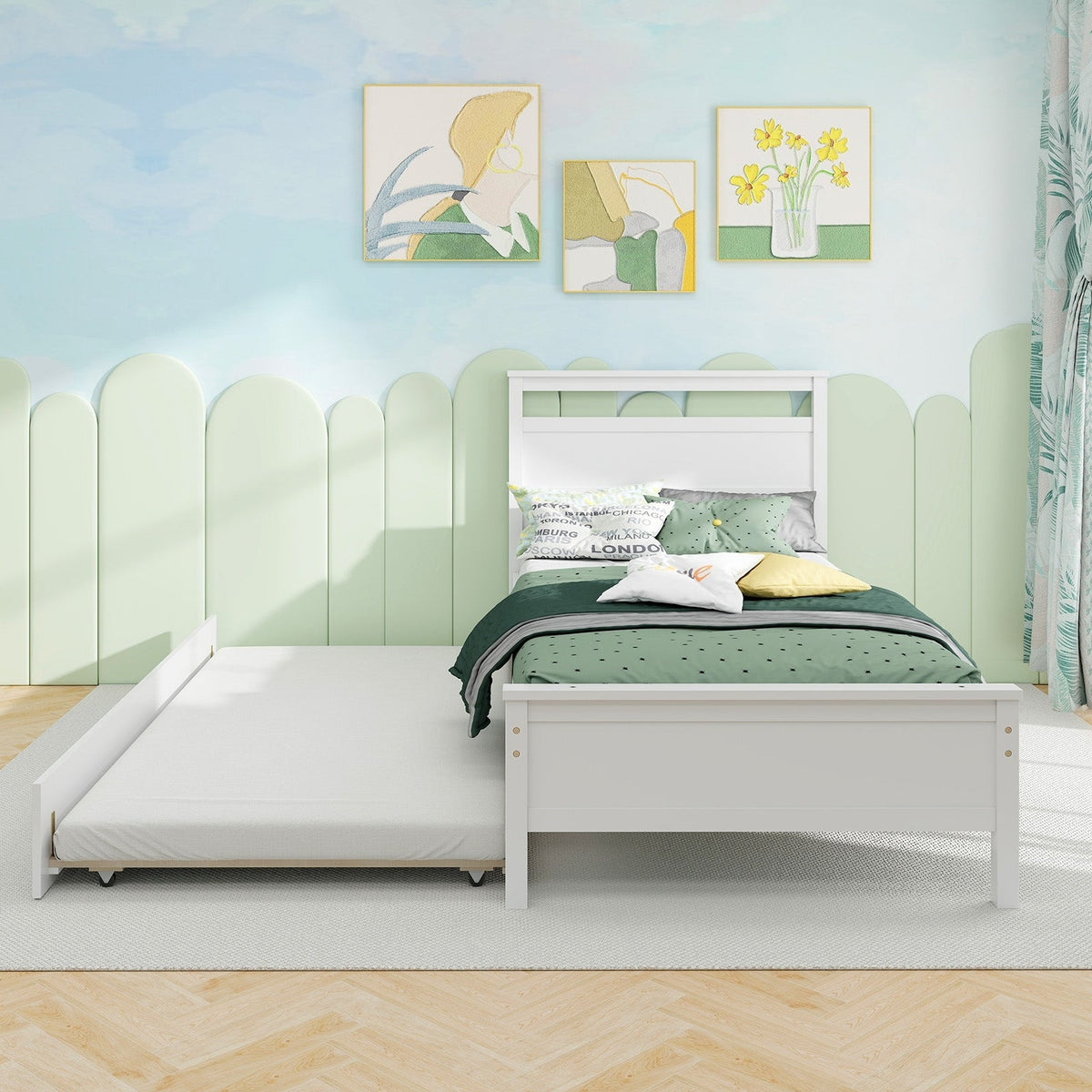 Twin Size Wooden Bed Frame with Trundle for Teens and Adults-Trundle Bed Frame-DECOROLALA