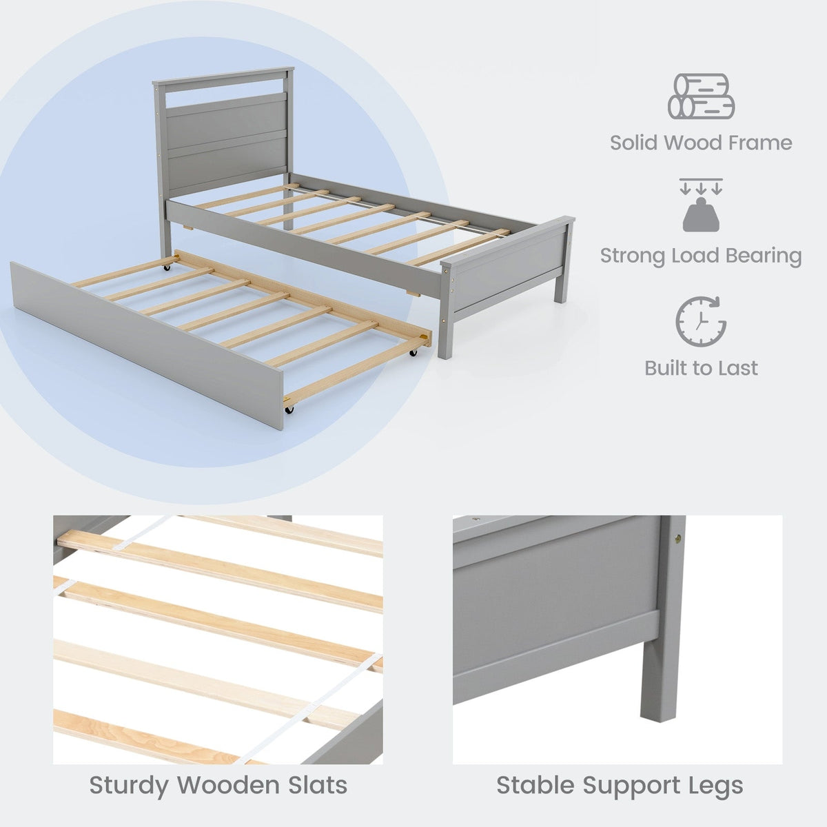 Twin Size Wooden Bed Frame with Trundle for Teens and Adults-Trundle Bed Frame-DECOROLALA