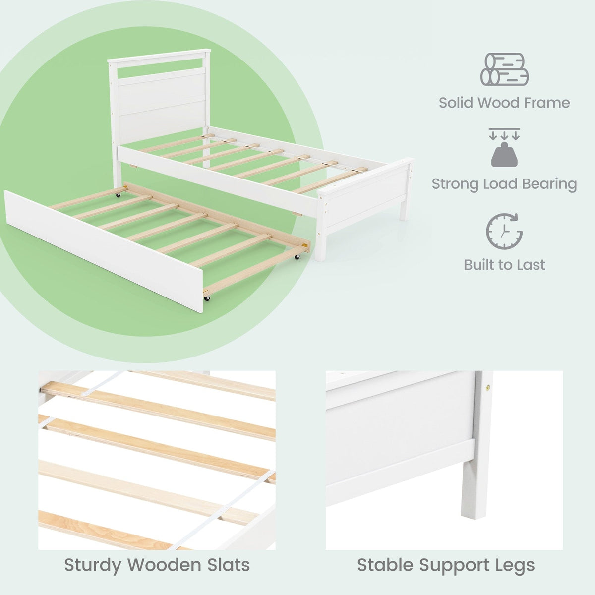Twin Size Wooden Bed Frame with Trundle for Teens and Adults-Trundle Bed Frame-DECOROLALA