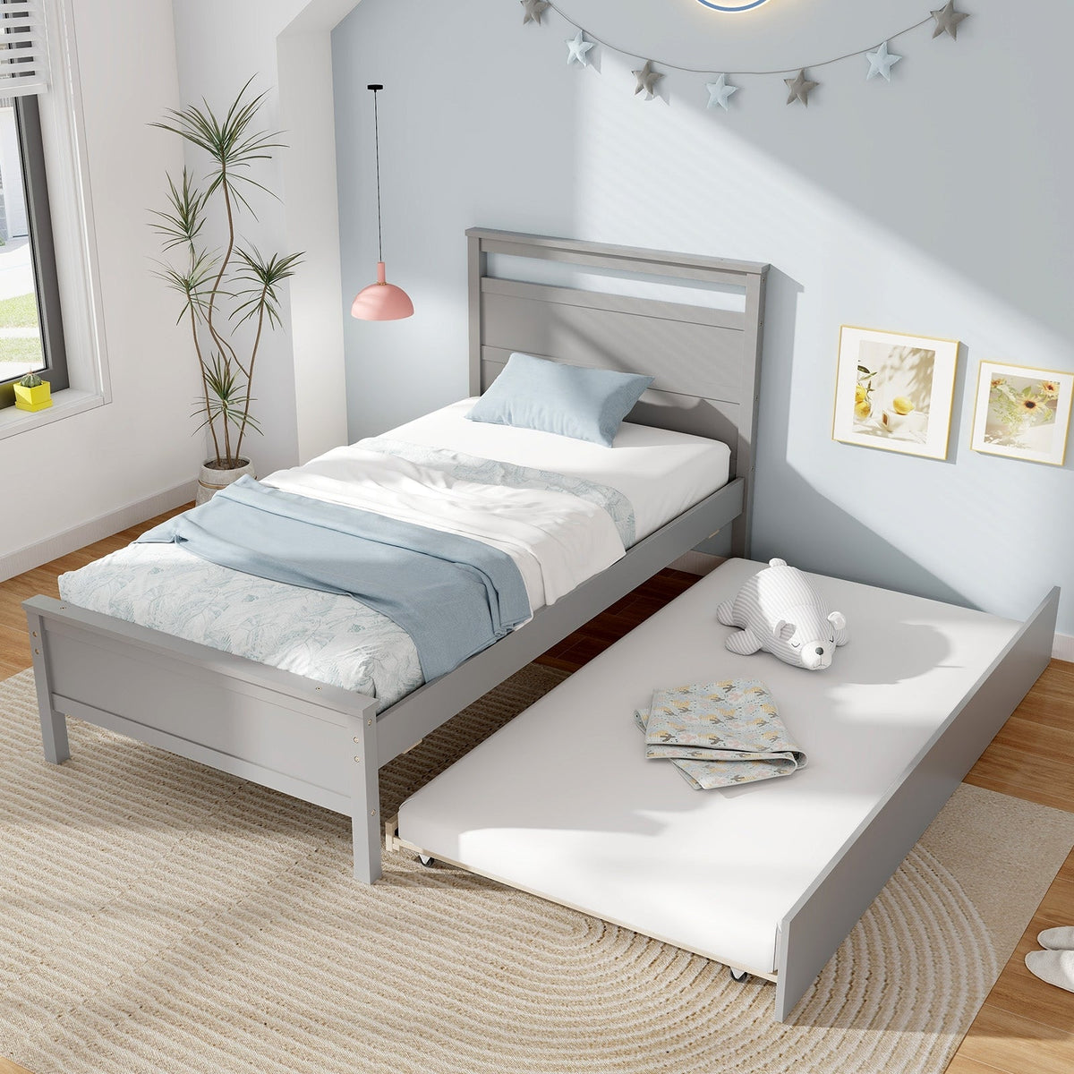 Twin Size Wooden Bed Frame with Trundle for Teens and Adults-Trundle Bed Frame-DECOROLALA