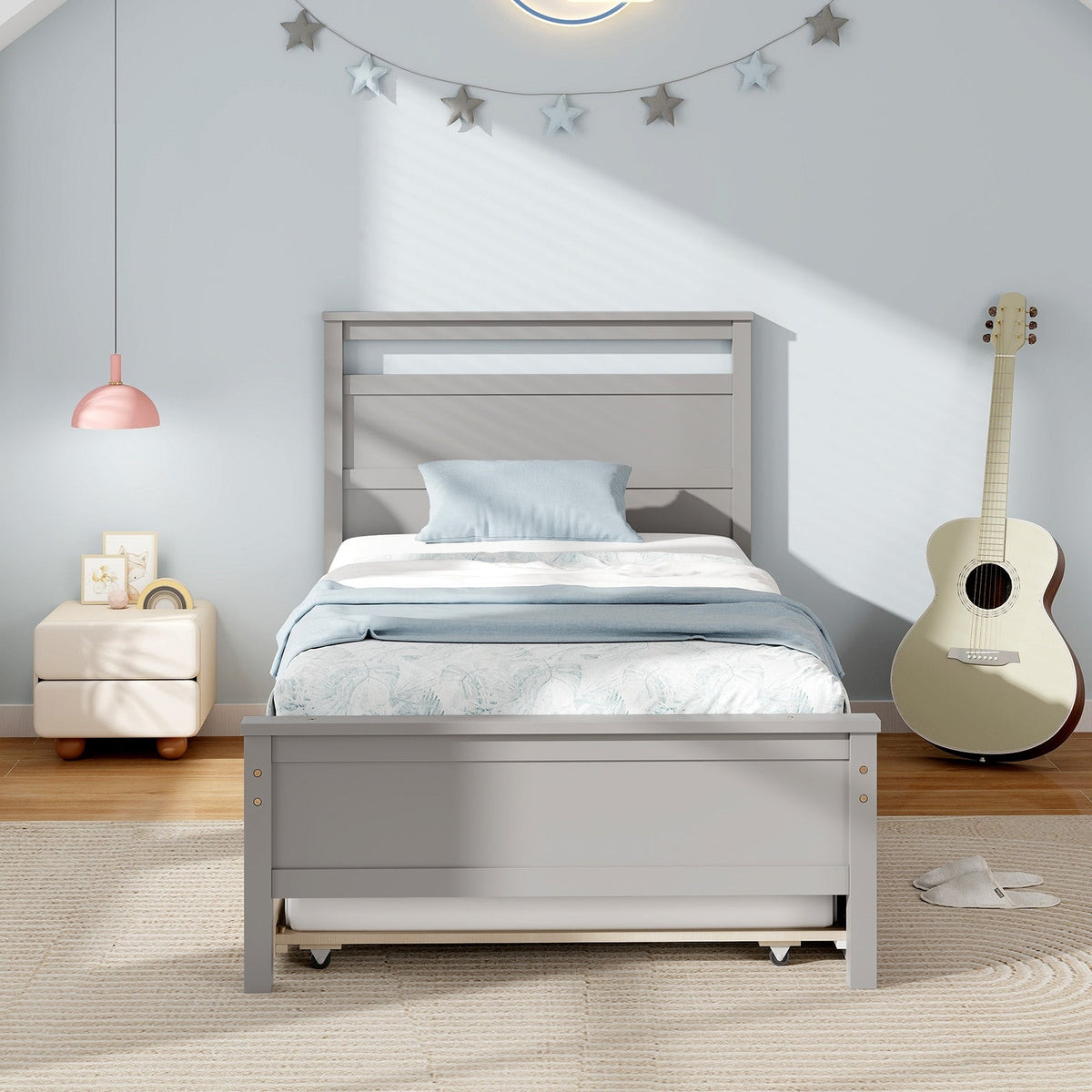 Twin Size Wooden Bed Frame with Trundle for Teens and Adults-Trundle Bed Frame-DECOROLALA