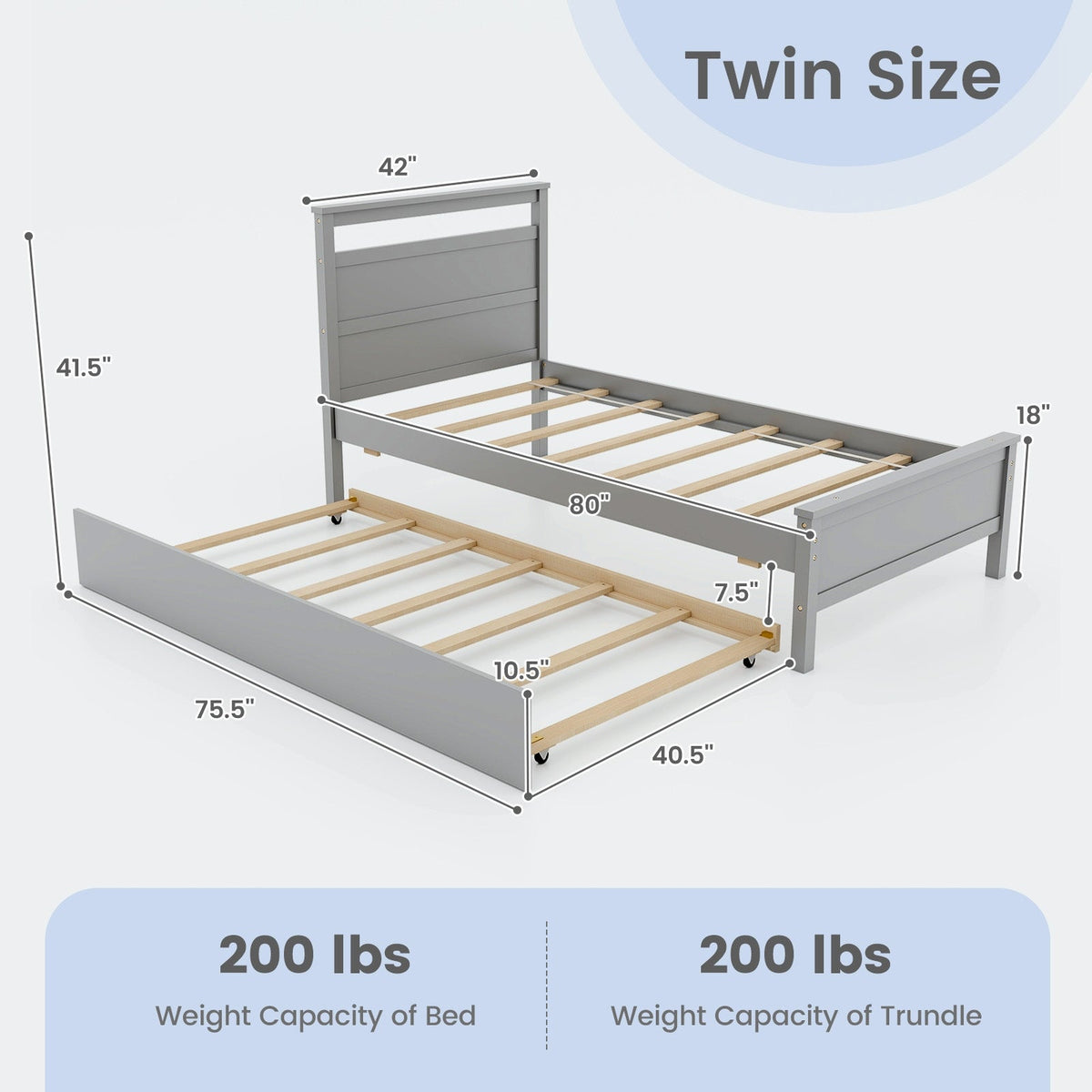 Twin Size Wooden Bed Frame with Trundle for Teens and Adults-Trundle Bed Frame-DECOROLALA