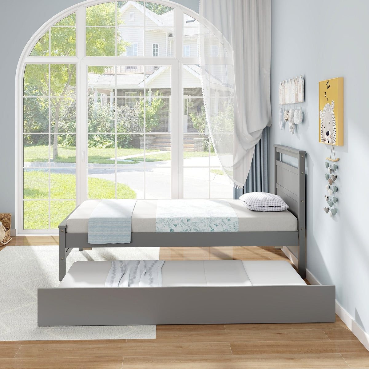 Twin Size Wooden Bed Frame with Trundle for Teens and Adults-Trundle Bed Frame-DECOROLALA
