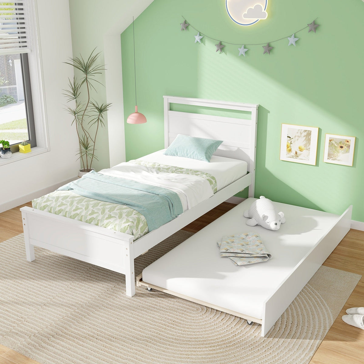 Twin Size Wooden Bed Frame with Trundle - Gray/White Wood-Trundle Bed Frame-DECOROLALA