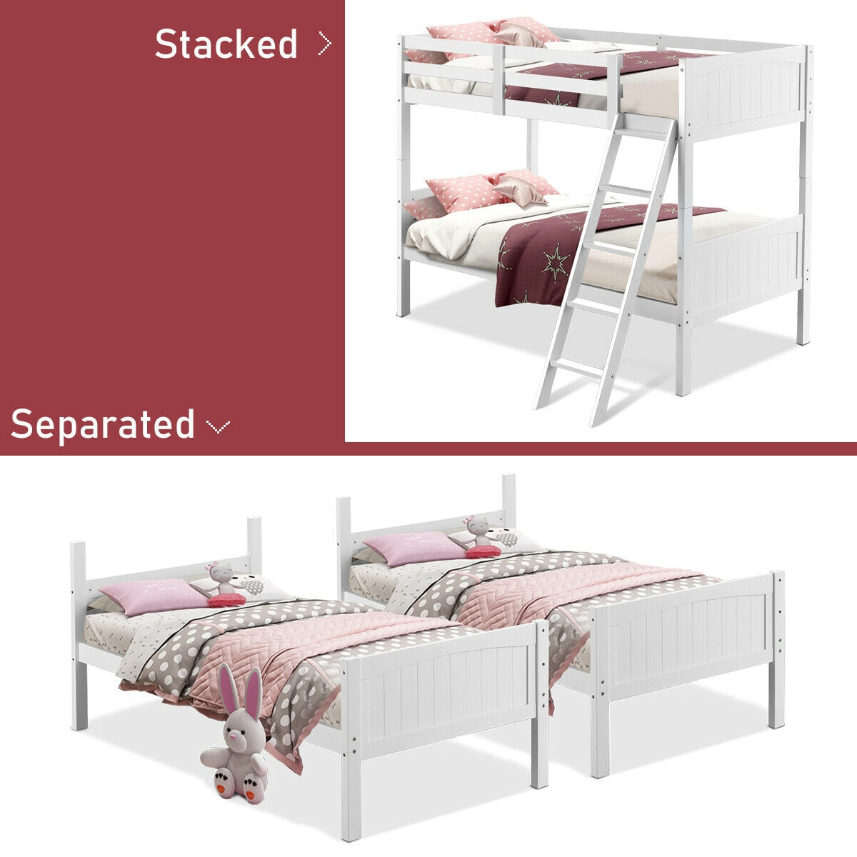 Twin Size Wooden Bunk Beds Convertible 2 Individual Beds-Bunk Bed Frame-DECOROLALA