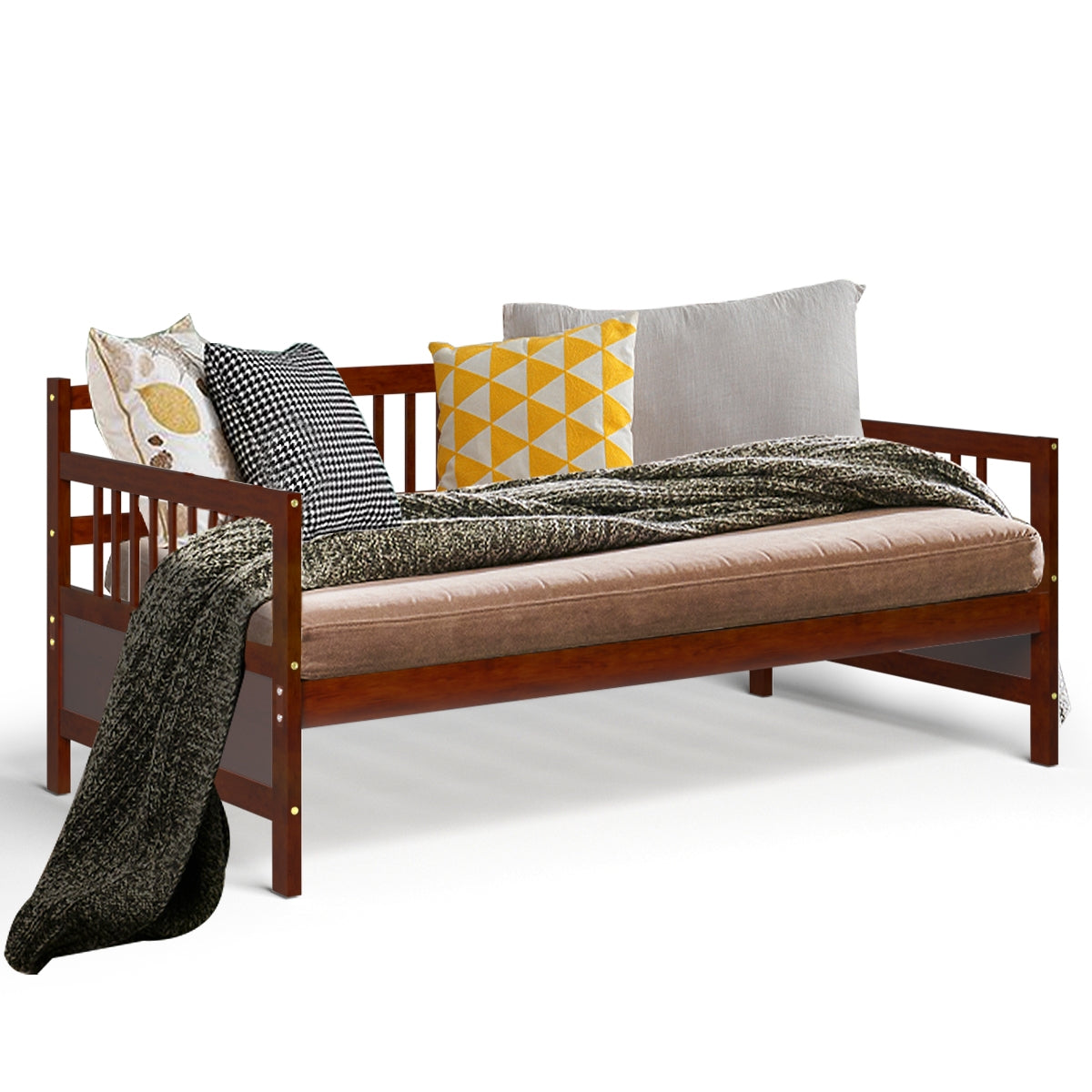 Twin Size Wooden Slats Daybed Bed with Rails-Trundle Bed Frame-DECOROLALA