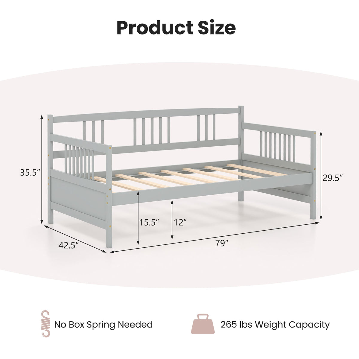 Twin Size Wooden Slats Daybed Bed with Rails-Trundle Bed Frame-DECOROLALA