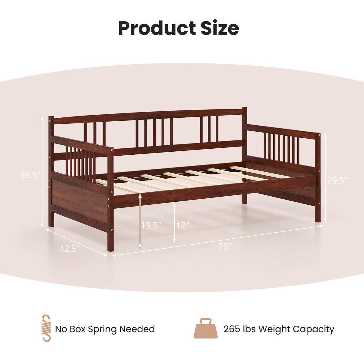 Twin Size Wooden Slats Daybed Bed with Rails-Trundle Bed Frame-DECOROLALA