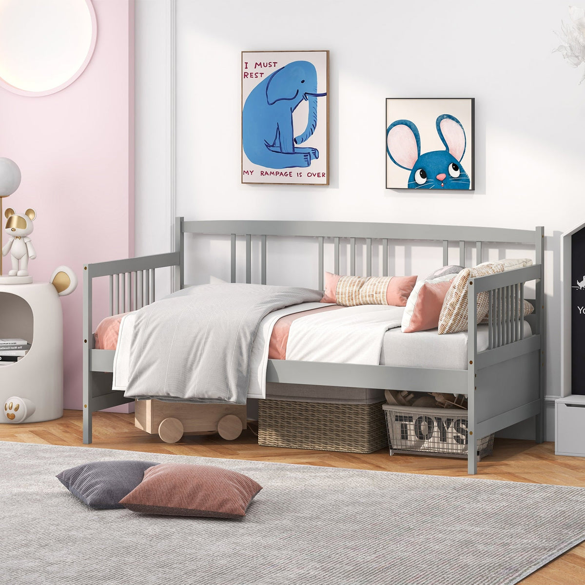 Twin Size Wooden Slats Daybed Bed with Rails-Trundle Bed Frame-DECOROLALA