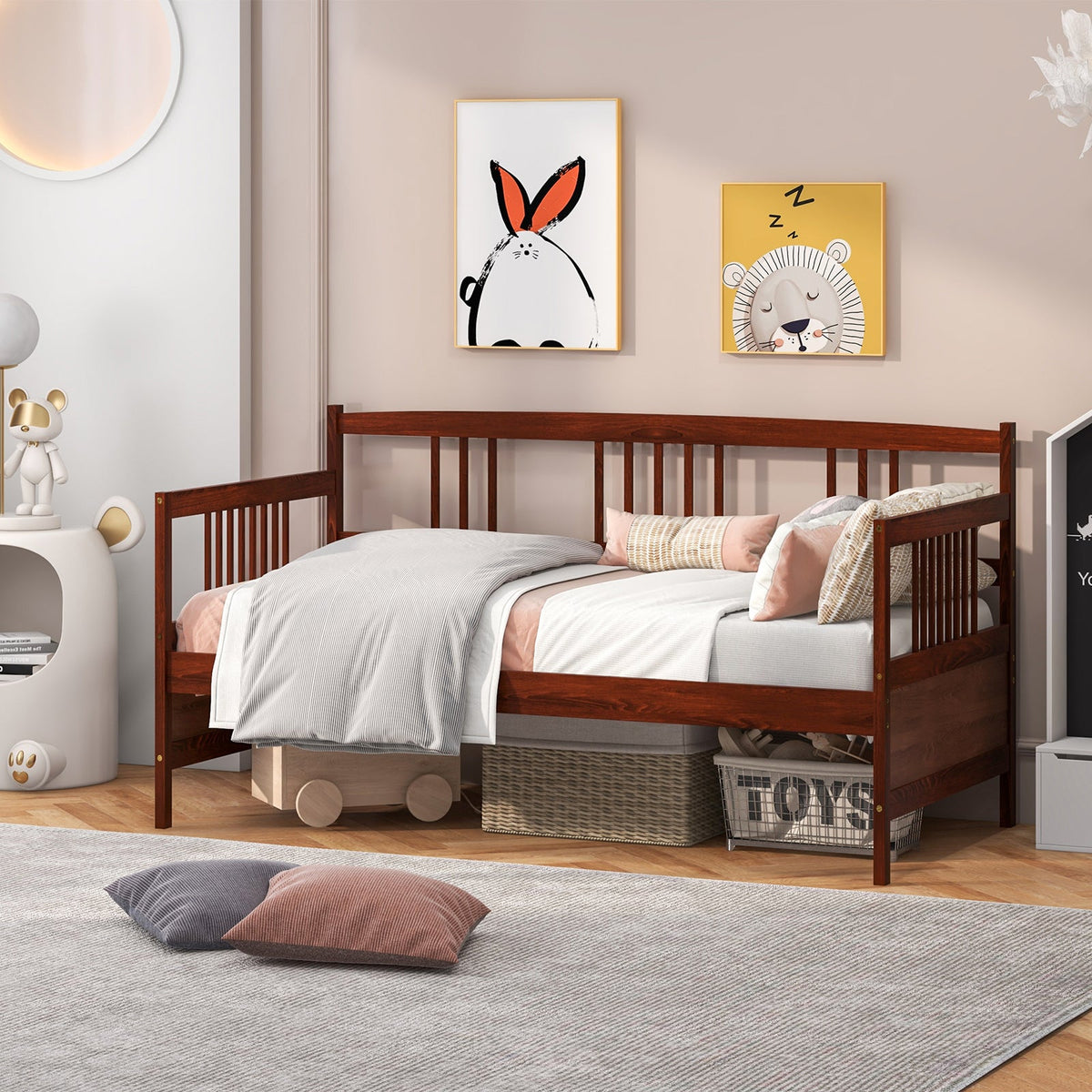 Twin Size Wooden Slats Daybed Bed with Rails-Trundle Bed Frame-DECOROLALA