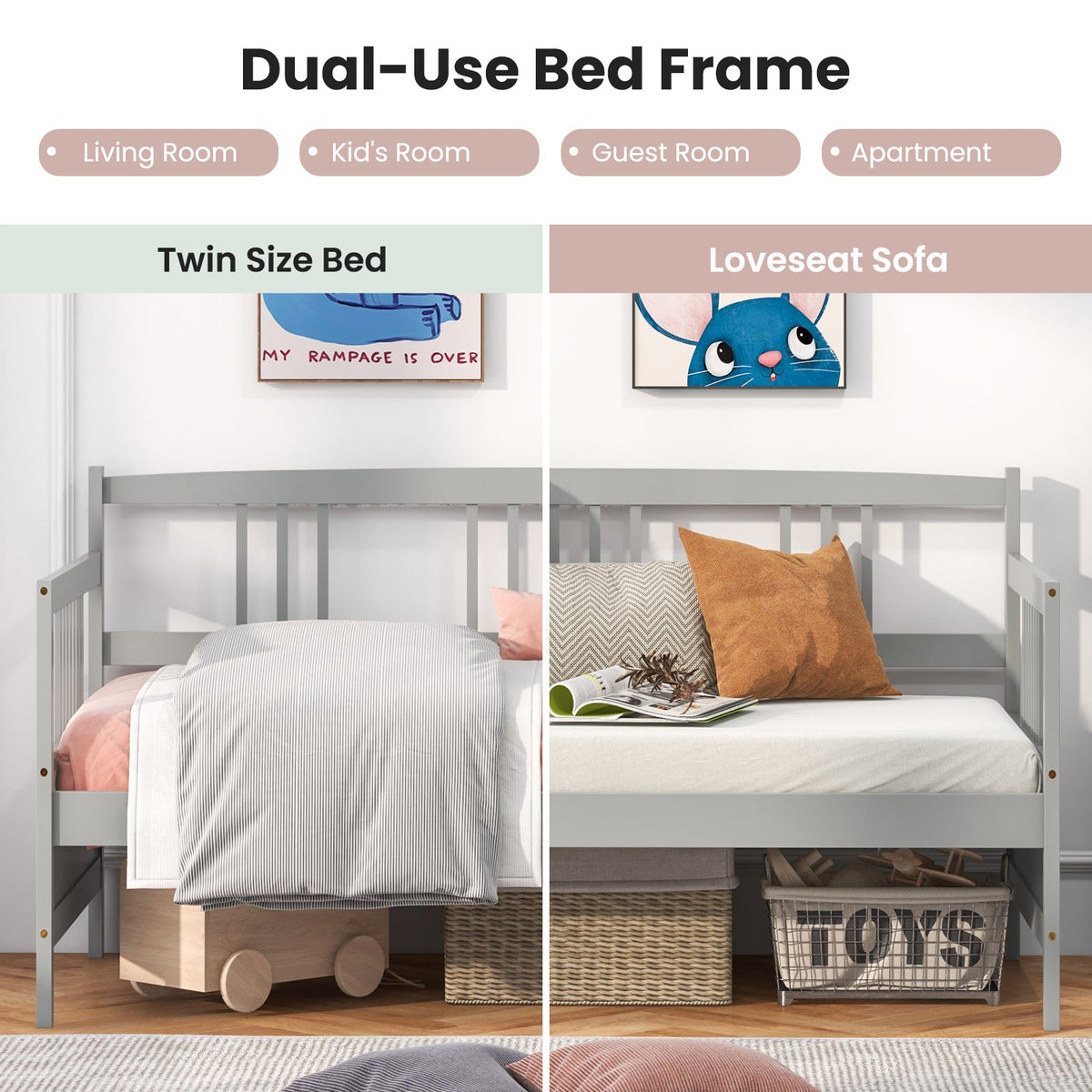Twin Size Wooden Slats Daybed Bed with Rails-Trundle Bed Frame-DECOROLALA