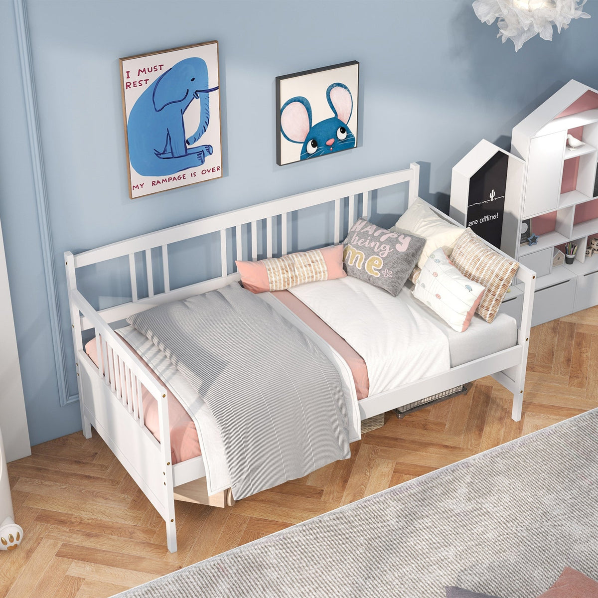Twin Size Wooden Slats Daybed Bed with Rails-Trundle Bed Frame-DECOROLALA