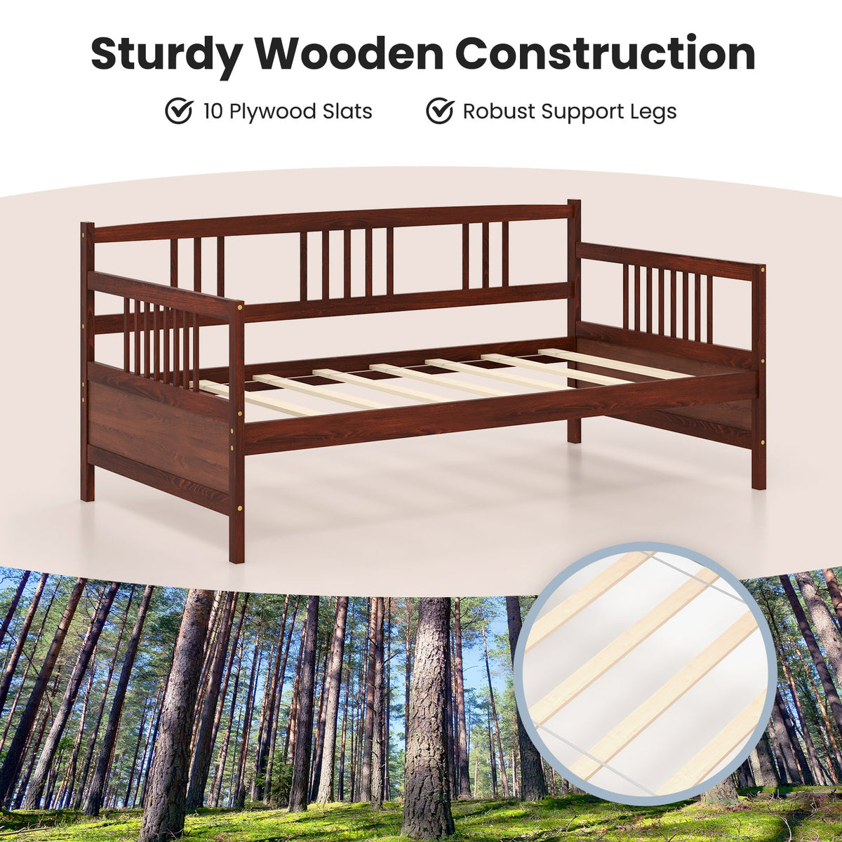 Twin Size Wooden Slats Daybed Bed with Rails-Trundle Bed Frame-DECOROLALA