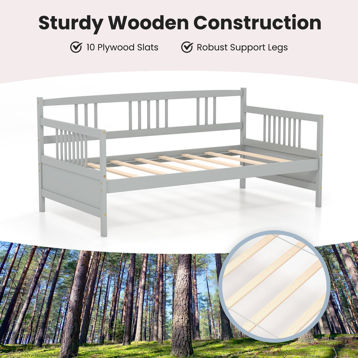 Twin Size Wooden Slats Daybed Bed with Rails-Trundle Bed Frame-DECOROLALA