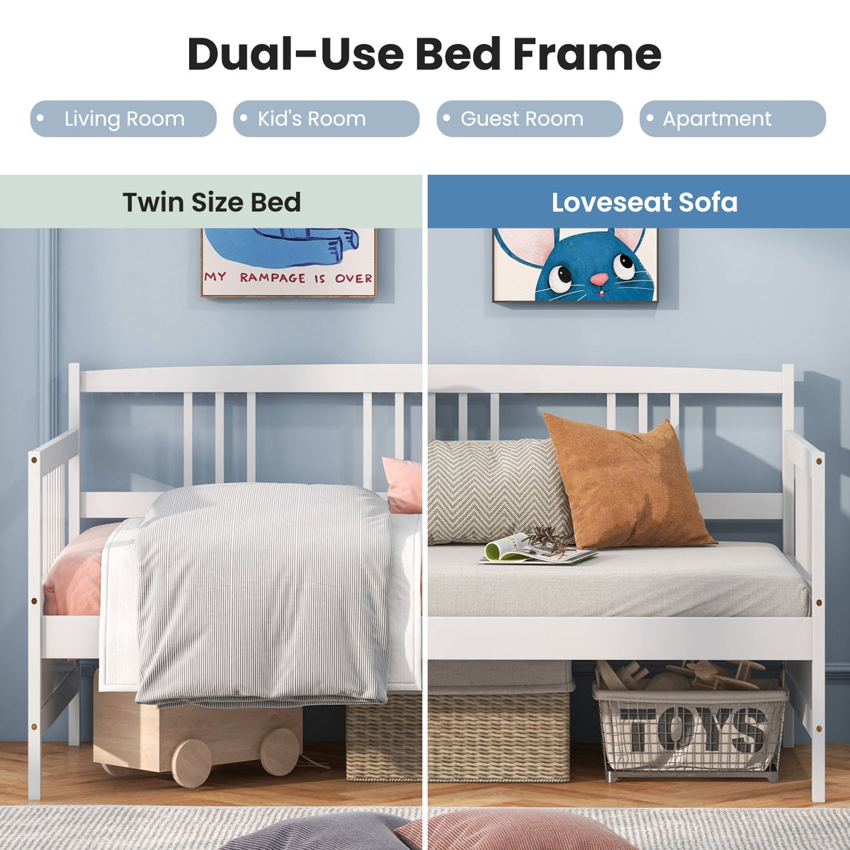 Twin Size Wooden Slats Daybed Bed with Rails-Trundle Bed Frame-DECOROLALA