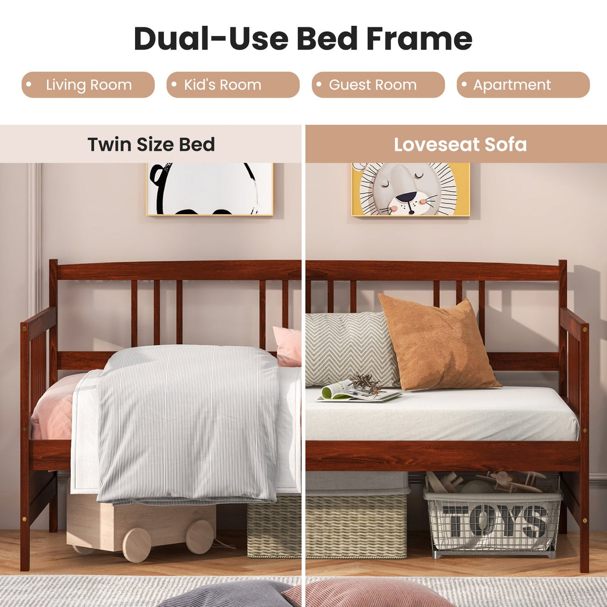 Twin Size Wooden Slats Daybed Bed with Rails-Trundle Bed Frame-DECOROLALA