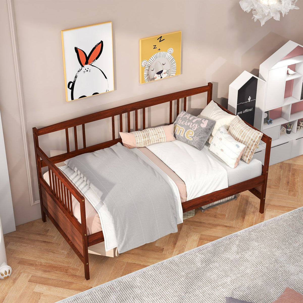 Twin Size Wooden Slats Daybed Bed with Rails-Trundle Bed Frame-DECOROLALA