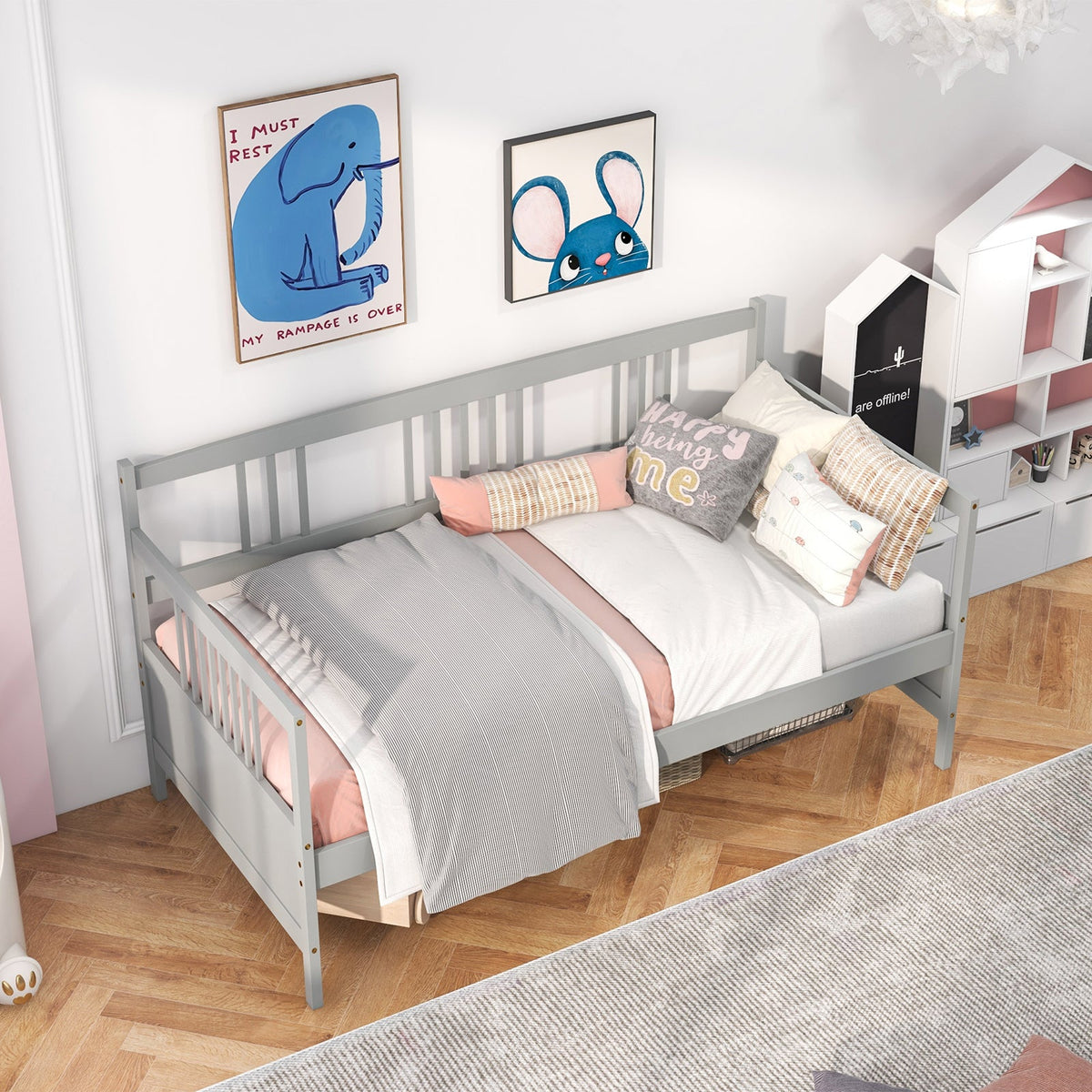 Twin Size Wooden Slats Daybed Bed with Rails-Trundle Bed Frame-DECOROLALA