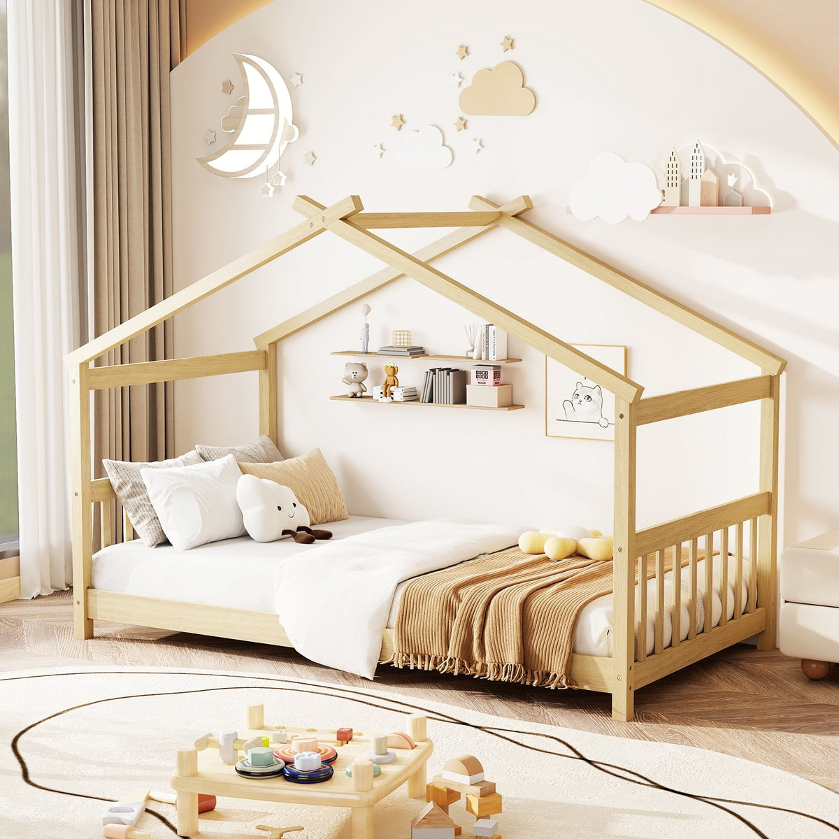 Twin Size Wooden House Bed with Roof-Natural-Simple Bed Frame-DECOROLALA
