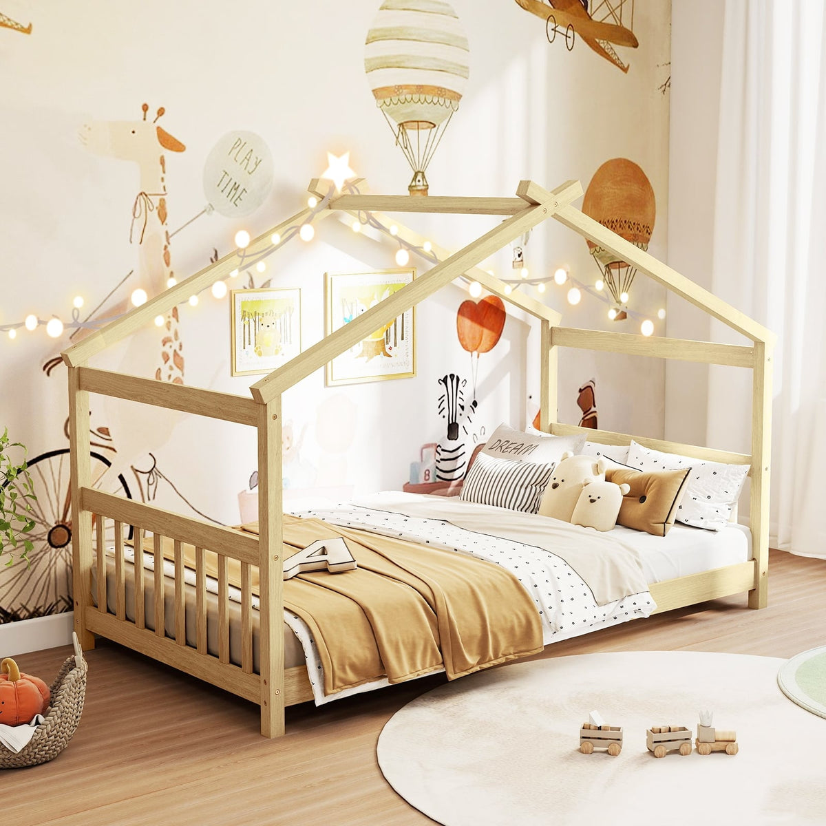 Twin Size Wooden House Bed with Roof-Natural-Simple Bed Frame-DECOROLALA