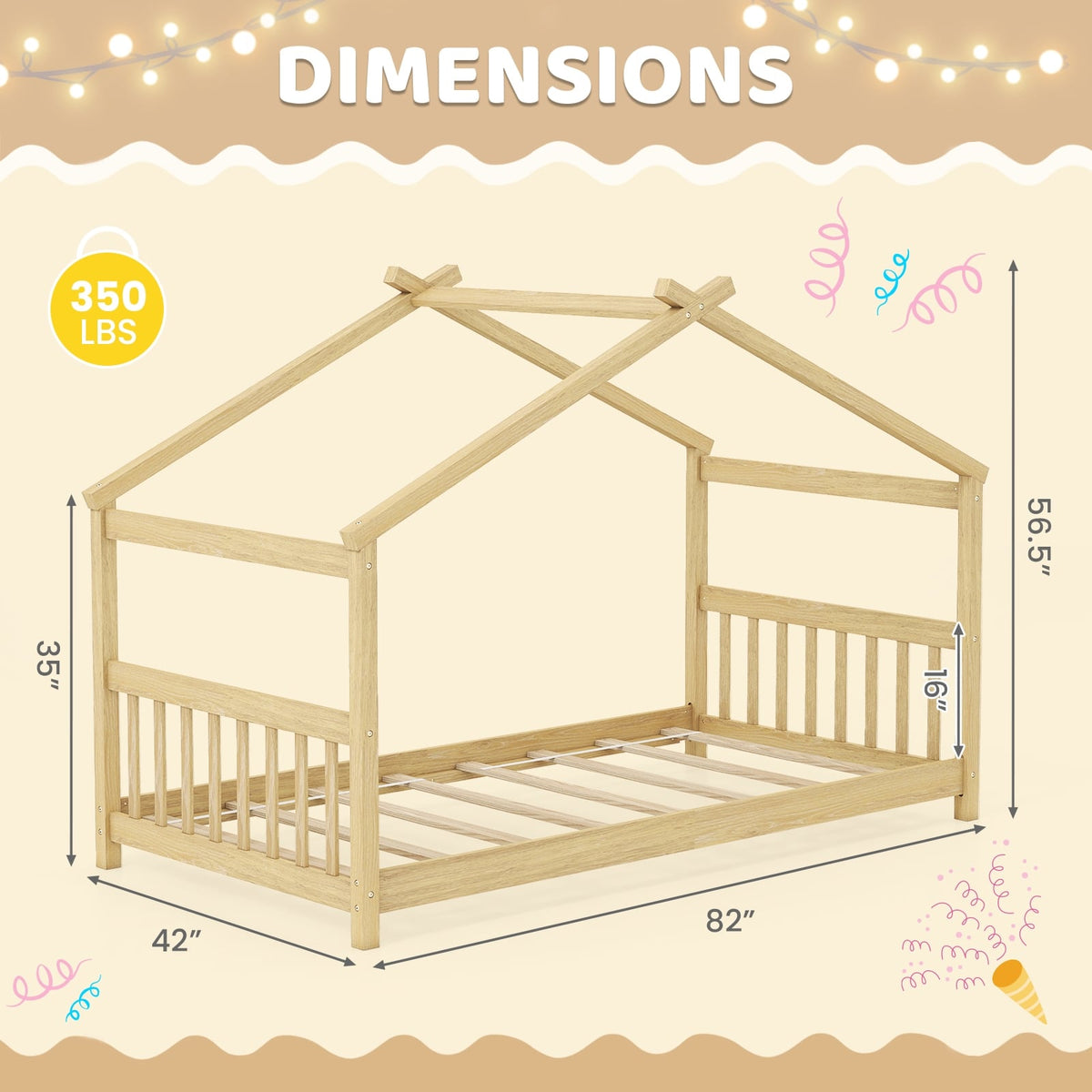 Twin Size Wooden House Bed with Roof-Natural-Simple Bed Frame-DECOROLALA