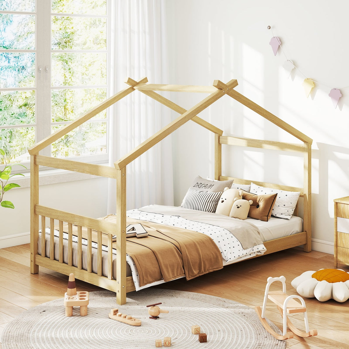 Twin Size Wooden House Bed with Roof-Natural-Simple Bed Frame-DECOROLALA