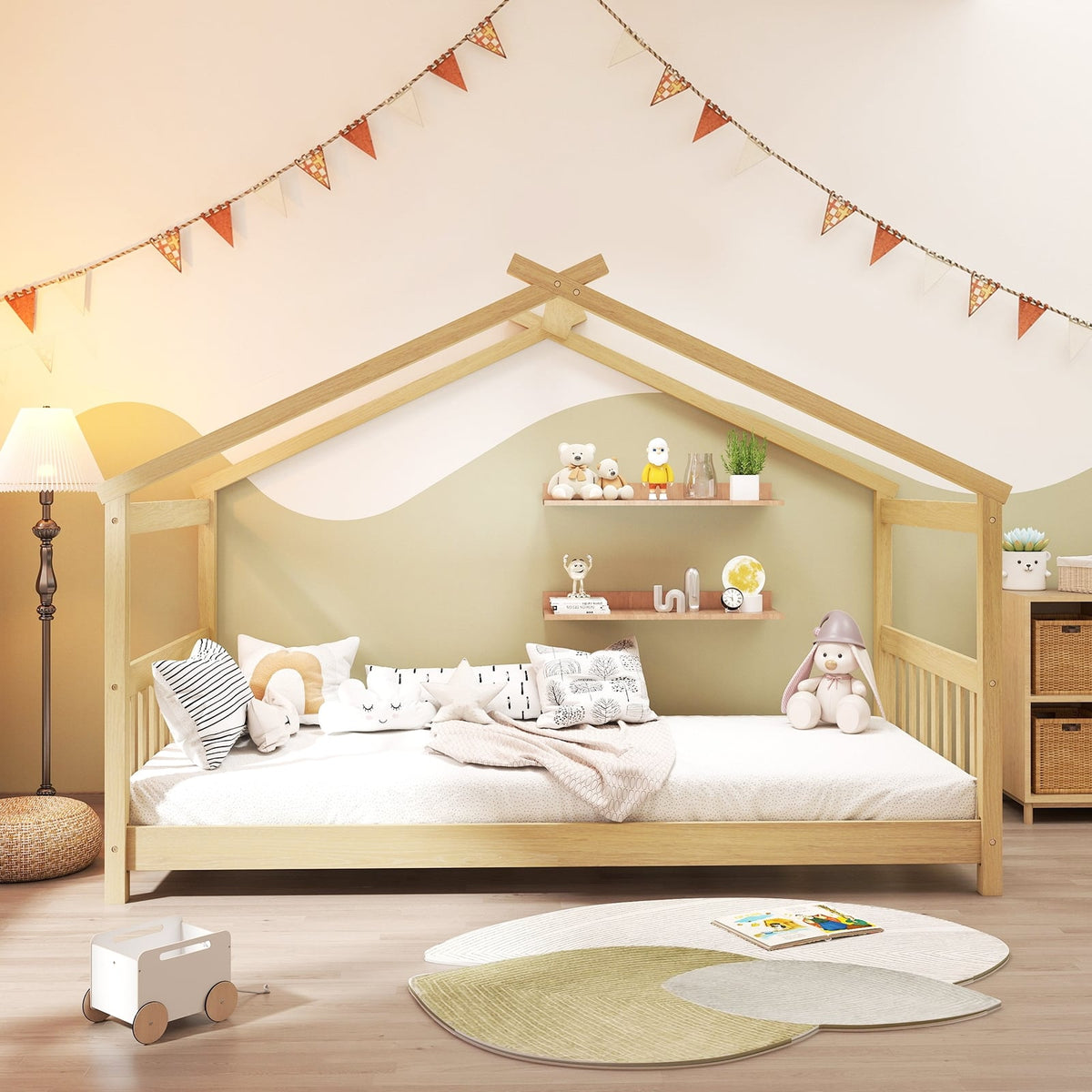 Twin Size Wooden House Bed with Roof-Natural-Simple Bed Frame-DECOROLALA