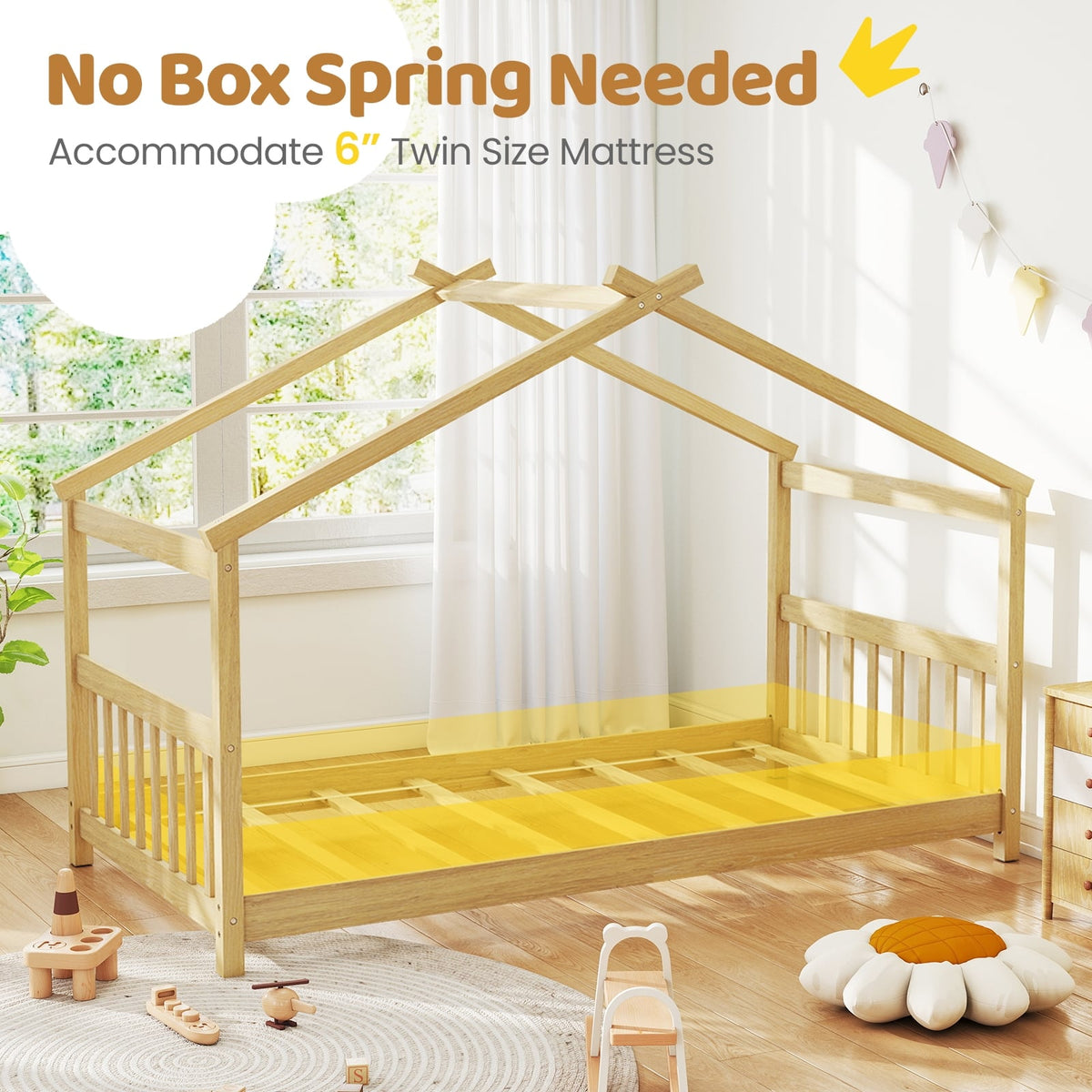 Twin Size Wooden House Bed with Roof-Natural-Simple Bed Frame-DECOROLALA