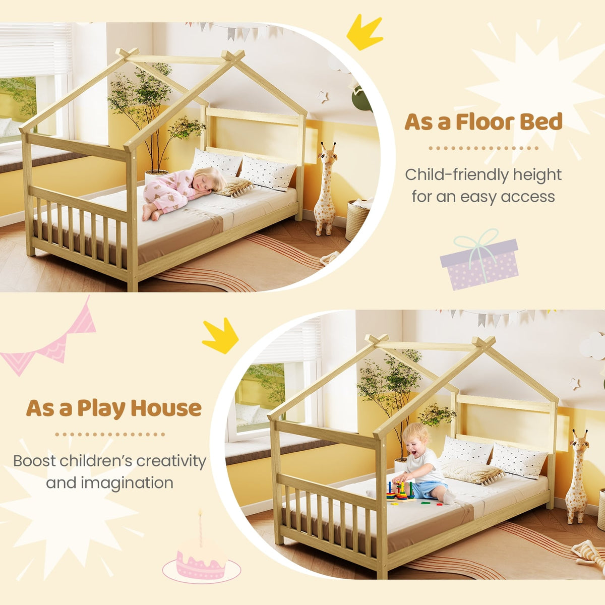 Twin Size Wooden House Bed with Roof-Natural-Simple Bed Frame-DECOROLALA
