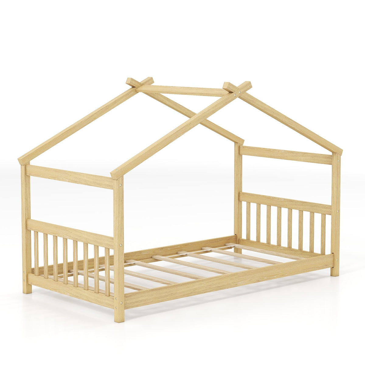 Twin Size Wooden House Bed with Roof-Natural-Simple Bed Frame-DECOROLALA