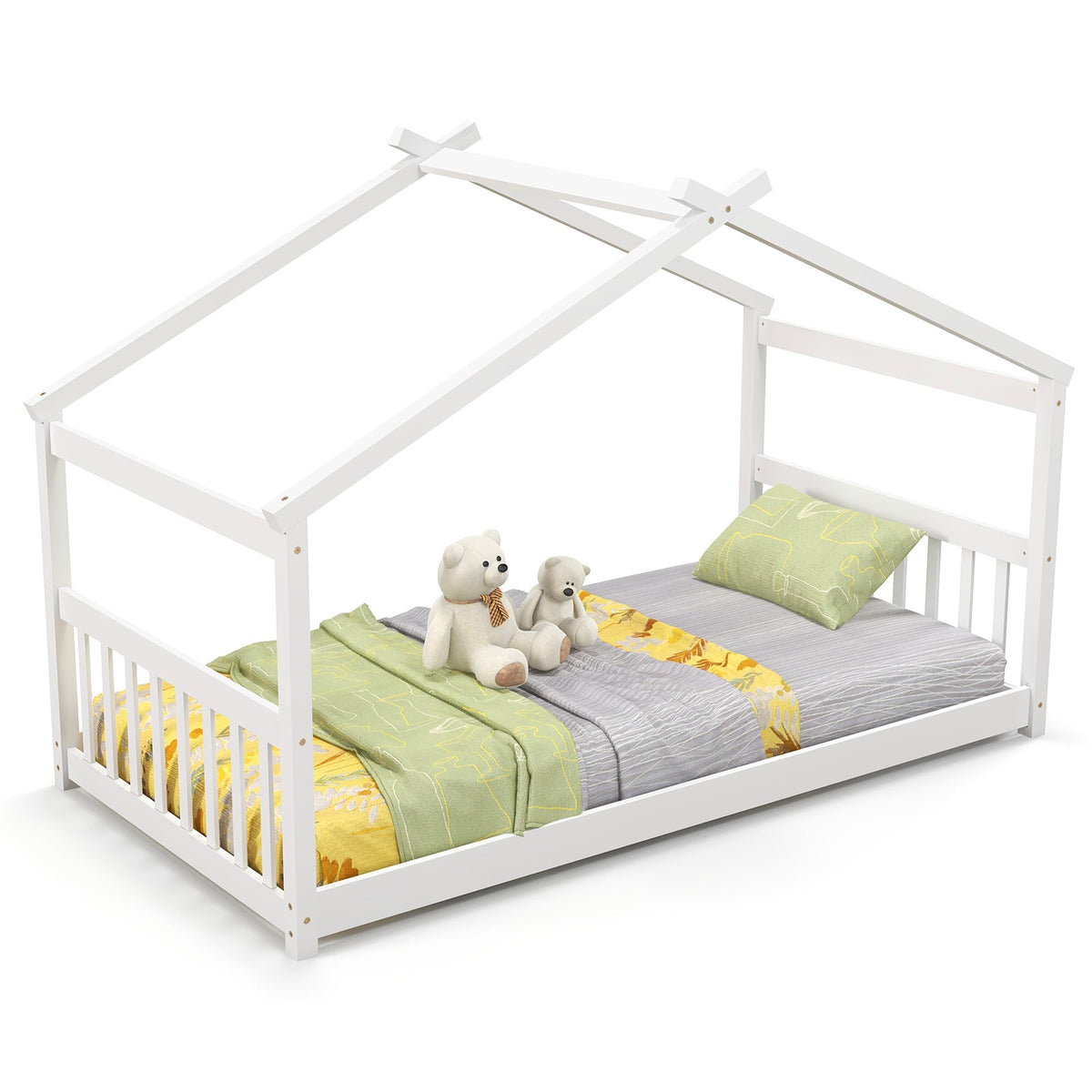 Twin Size Wooden House Bed with Roof-Simple Bed Frame-DECOROLALA