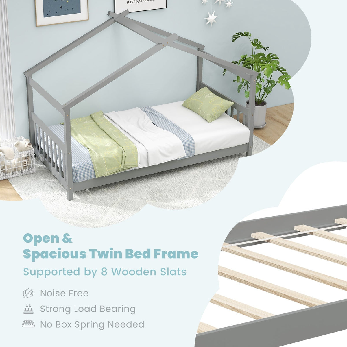 Twin Size Wooden House Bed with Roof-Simple Bed Frame-DECOROLALA