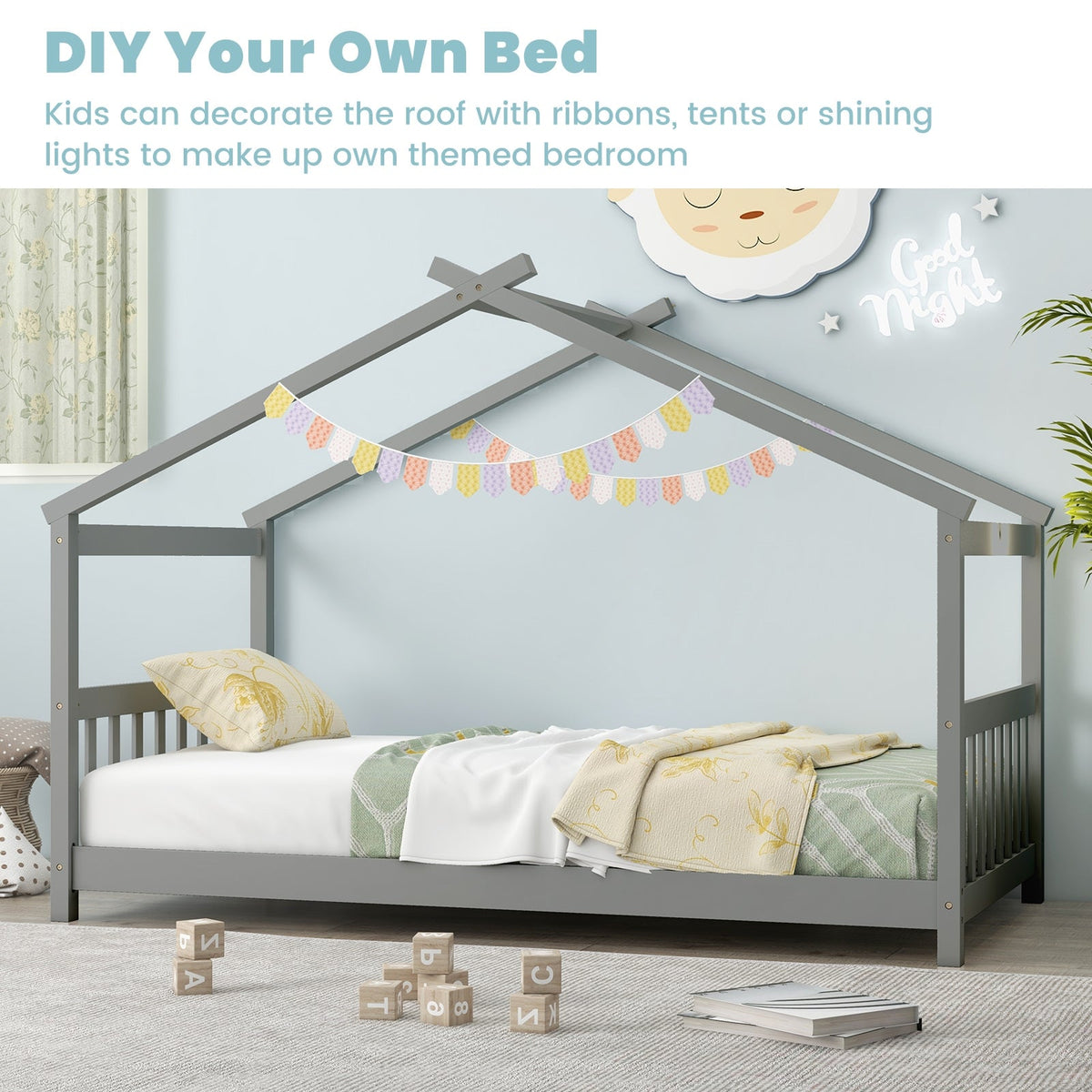Twin Size Wooden House Bed with Roof-Simple Bed Frame-DECOROLALA
