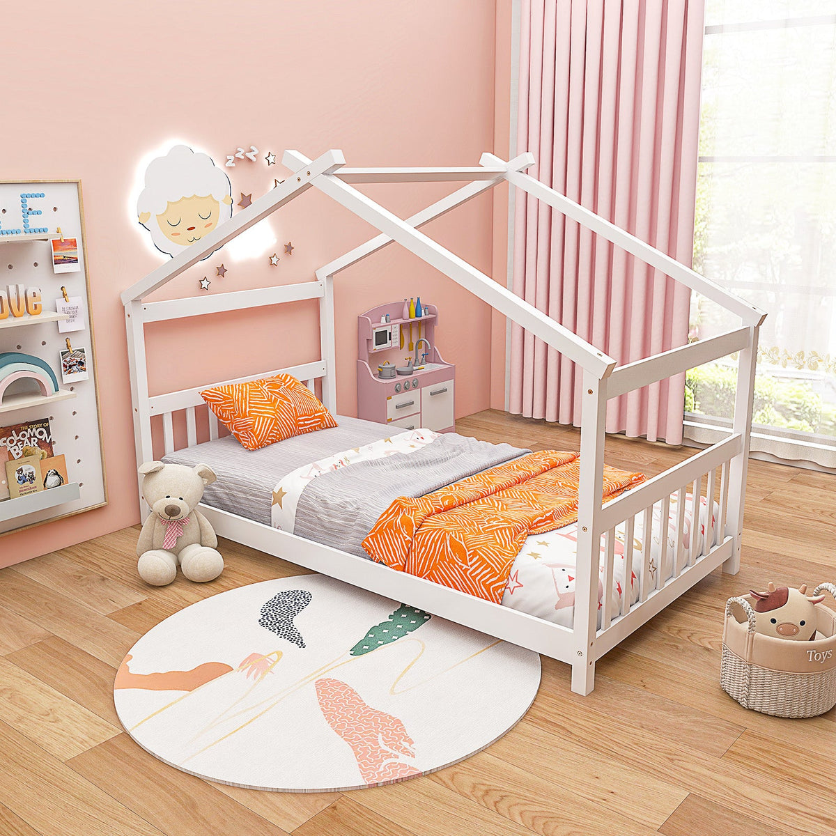 Twin Size Wooden House Bed with Roof-Simple Bed Frame-DECOROLALA