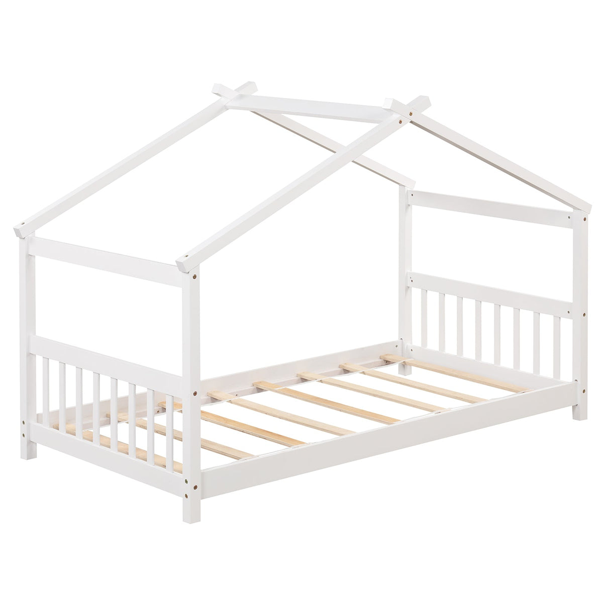 Twin Size Wooden House Bed with Roof-Simple Bed Frame-DECOROLALA