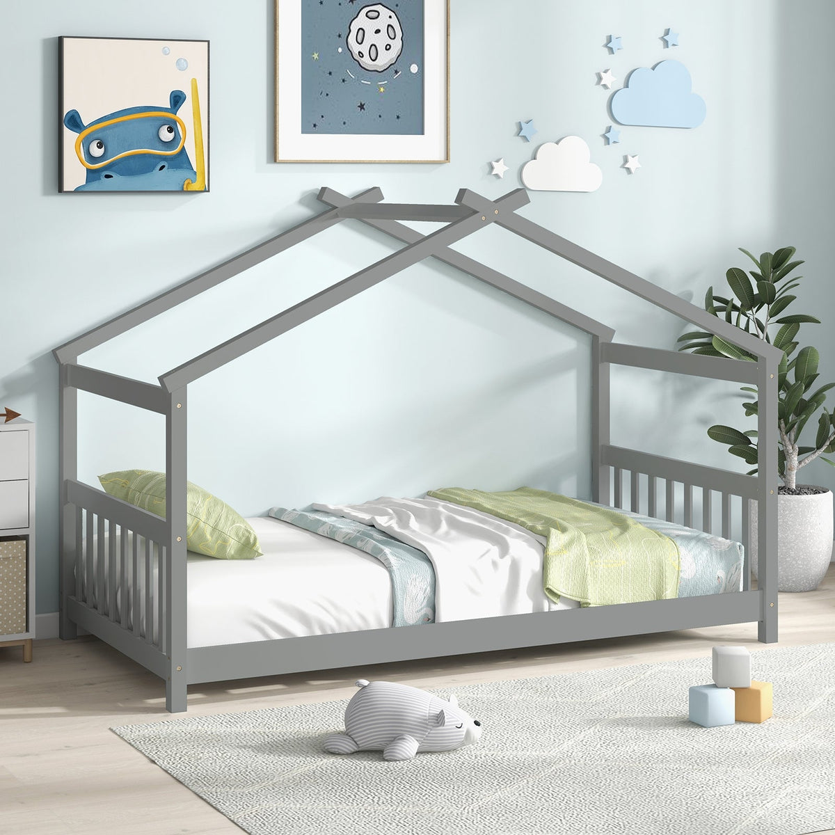 Twin Size Wooden House Bed with Roof-Simple Bed Frame-DECOROLALA