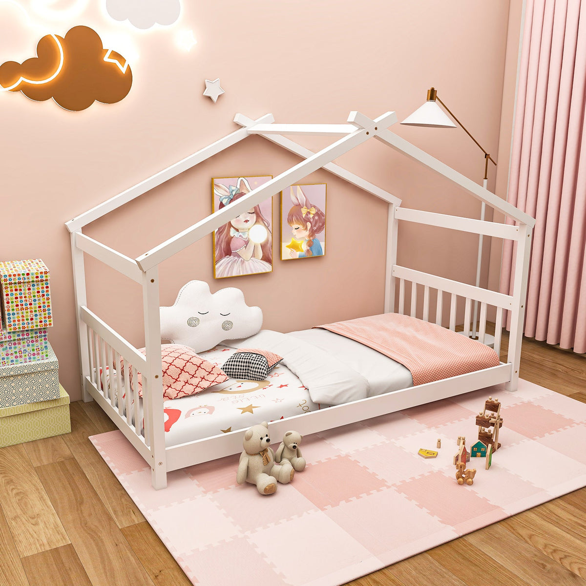 Twin Size Wooden House Bed with Roof-Simple Bed Frame-DECOROLALA