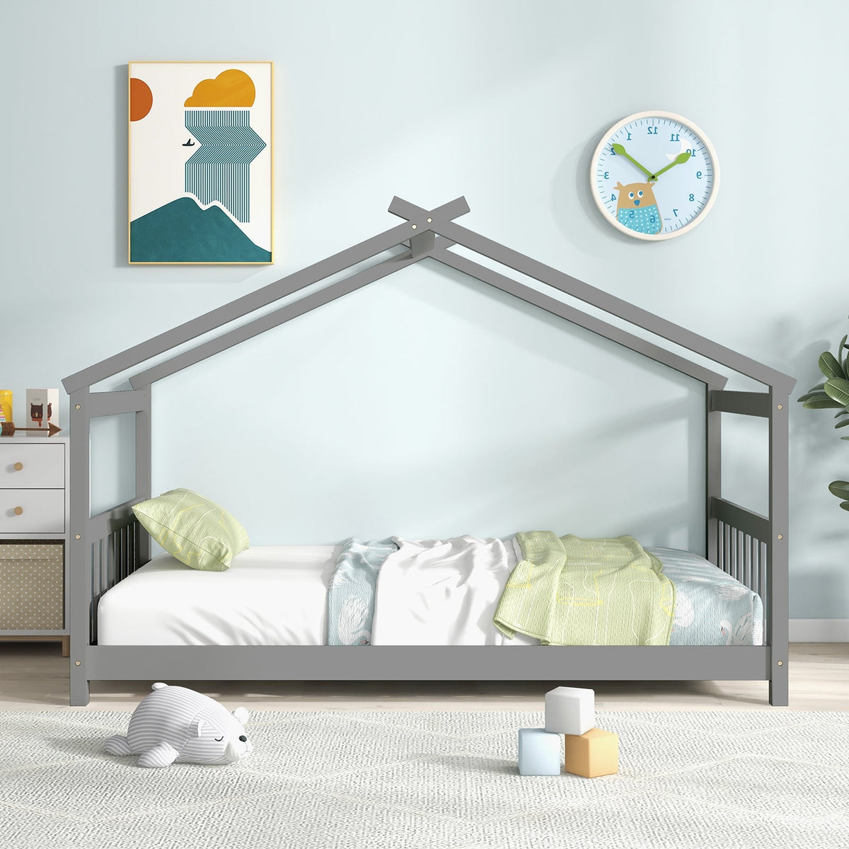 Twin Size Wooden House Bed with Roof-Simple Bed Frame-DECOROLALA