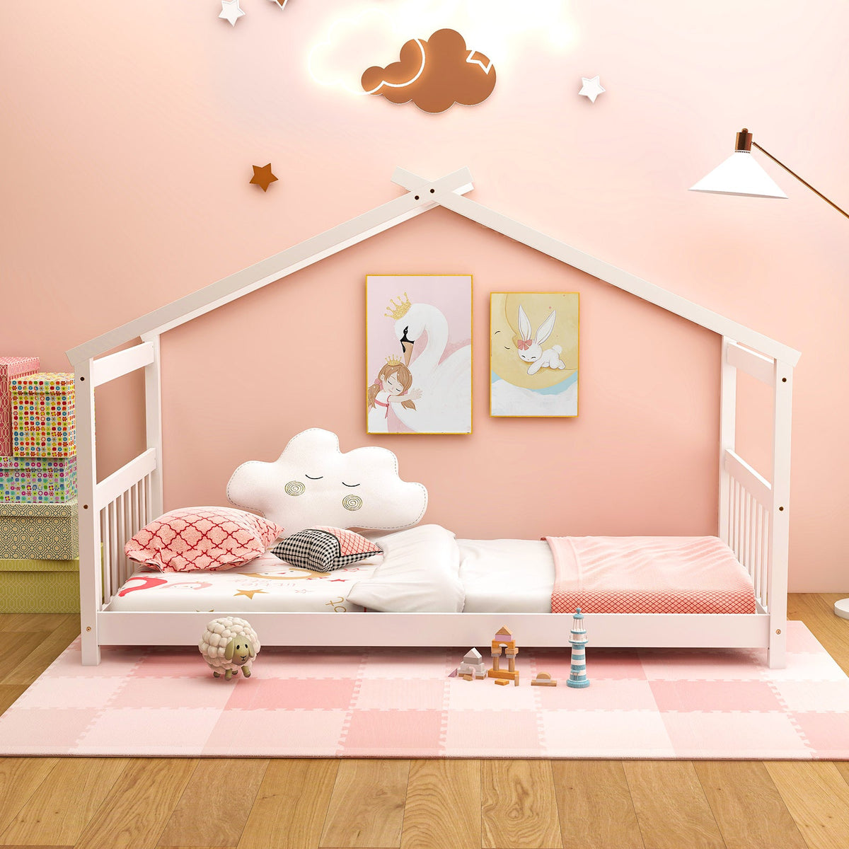 Twin Size Wooden House Bed with Roof-Simple Bed Frame-DECOROLALA