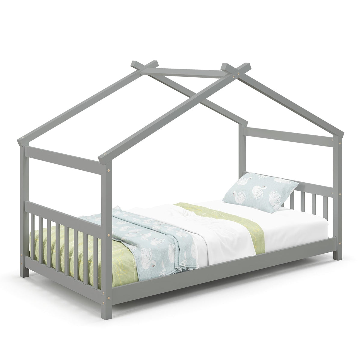 Twin Size Wooden House Bed with Roof-Simple Bed Frame-DECOROLALA