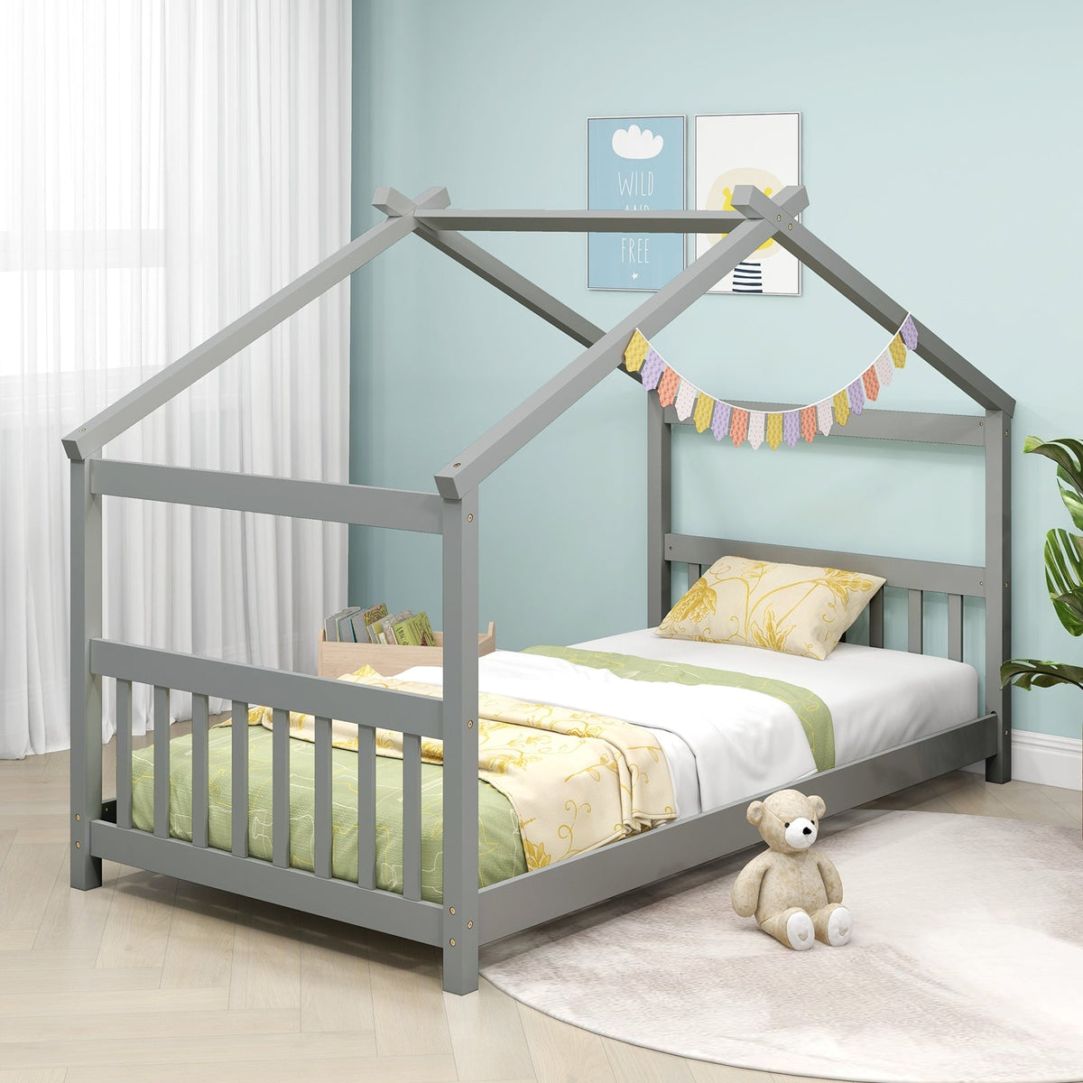 Twin Size Wooden House Bed with Roof-Simple Bed Frame-DECOROLALA